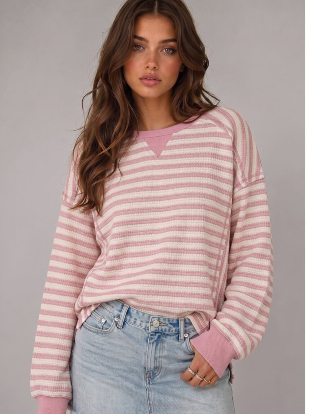Very J Soft Pink Cream Striped knit Pullover Sweater Top Casual New